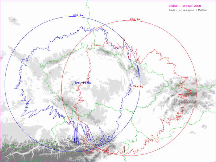 Mapka ukazuje maximální dosahy meteorologických radarů ČHMÚ (kruhy) a dosahy pro určování intenzit srážek (do výšky 1500 m nad terénem) dle doporučení projektu COST 73 